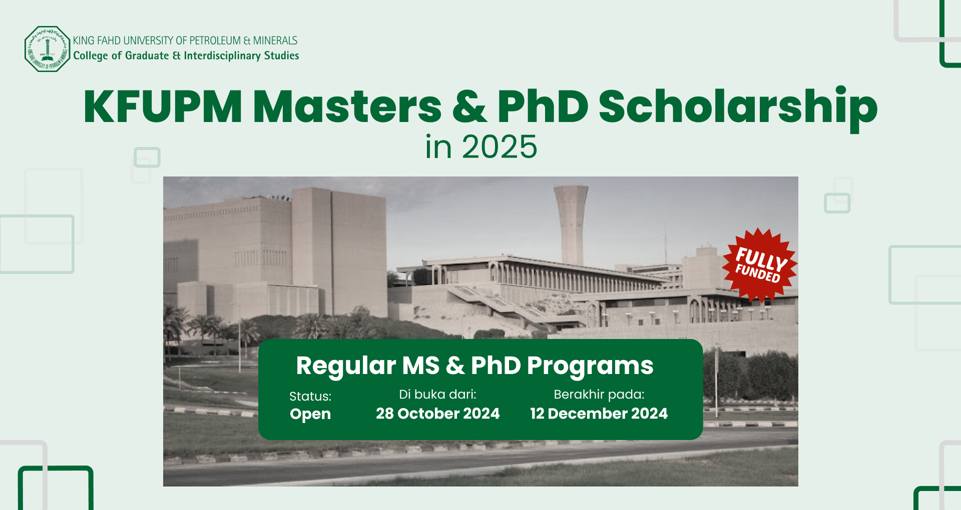 Read more about the article Beasiswa KFUPM Program S2 & S3 Reguler 2025